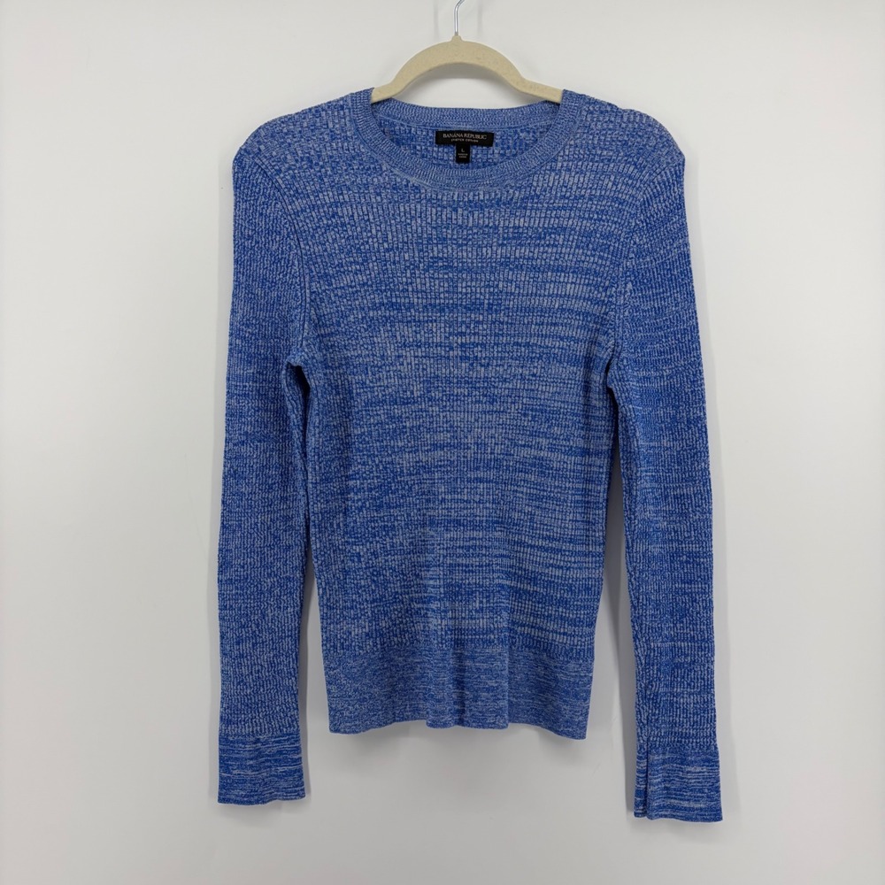Banana Republic Womens Large Blue‎ Space Dye Ribbed Stretch Cotton Crew Sweater